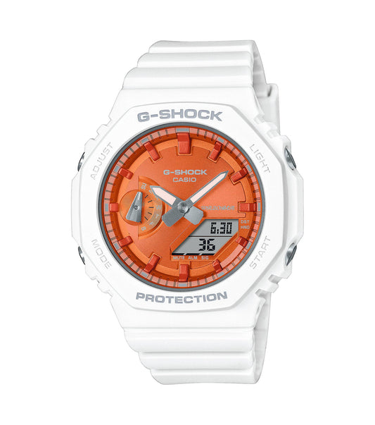 G-Shock Watch with Octagonal White Resin Case and Orange Dial