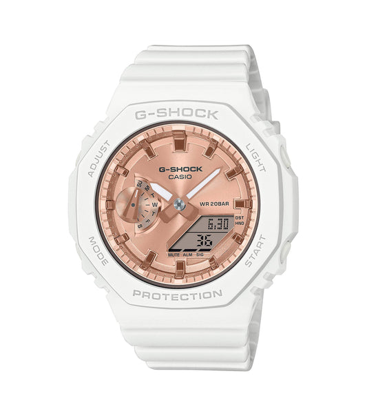 Women's G-Shock Watch with White Resin Case and Strap and Mirrored Rose Gold Dial