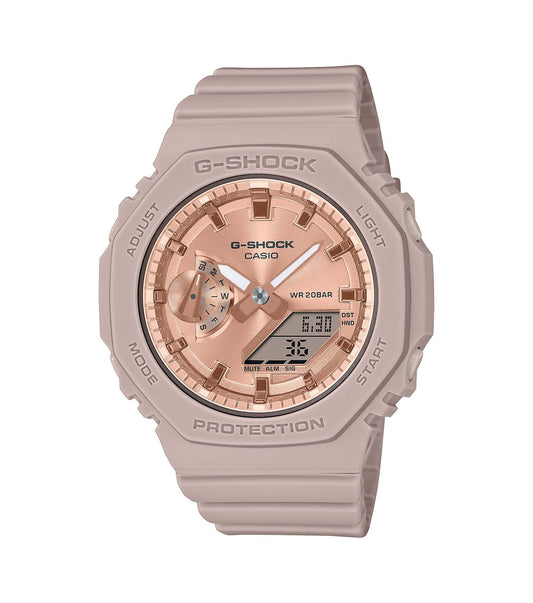 Women's G-Shock Watch with Octagonal Case, Pink Strap, and Mirrored Rose Dial