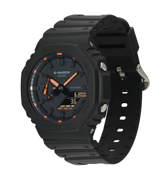 Black G-Shock Men's Watch with Octagonal Case and Orange Markers and Hands