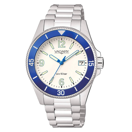 Vagary Unisex Aqua 39 Steel Watch with White Dial and Blue Bezel 