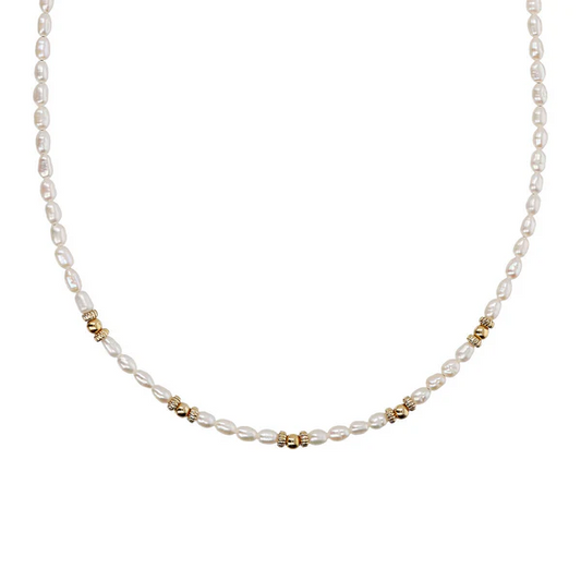 Collana Etrusca Girocollo in Argento 925 placcato Oro Giallo 18kt con Sfere Golden e Perle a Chicco d'Acqua Dolce