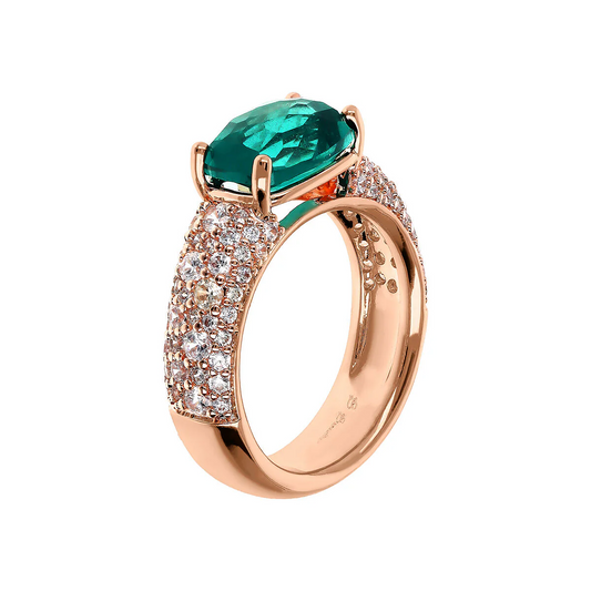 Anillo Bronzallure con gema prismática verde tallada en mosaico y pavé de circonitas cúbicas