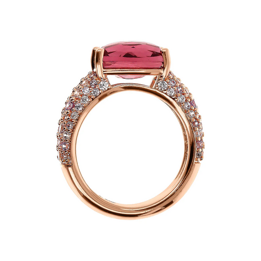 Anillo Bronzallure con gema prismática de corte mosaico burdeos y pavé de circonitas cúbicas