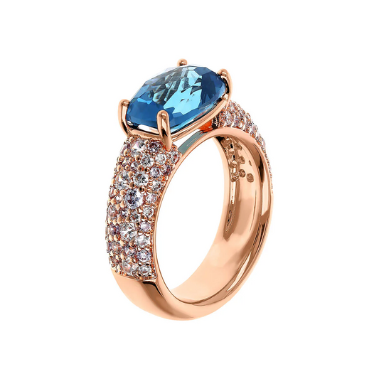 Anillo Bronzallure con gema prismática de talla mosaico azul y pavé de circonitas cúbicas