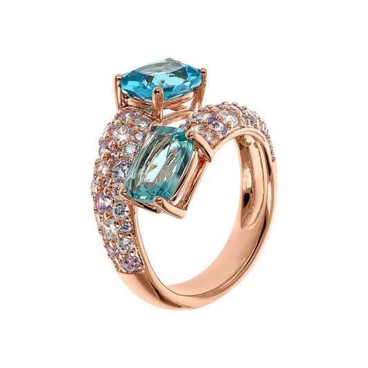 Anillo Bronzallure Contrarié con gema prismática de talla mosaico y pavé de circonitas cúbicas de Paraíba