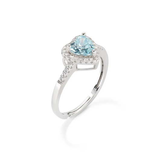 Anello Amen Cuore Con Zirconi Acqua Marina E Bianchi