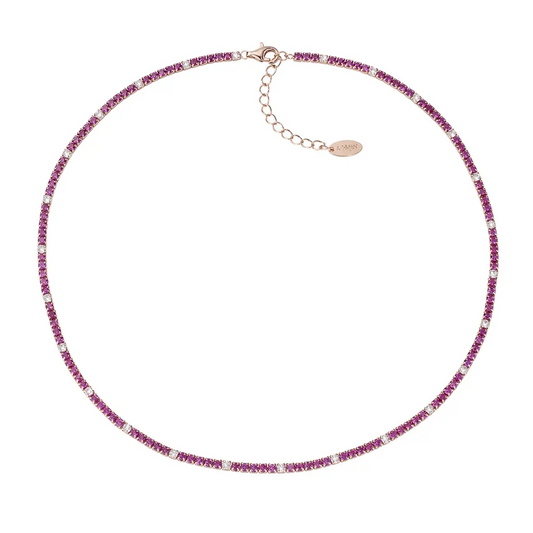 Collar de tenis Amen en plata rosa con circonitas rojas y blancas
