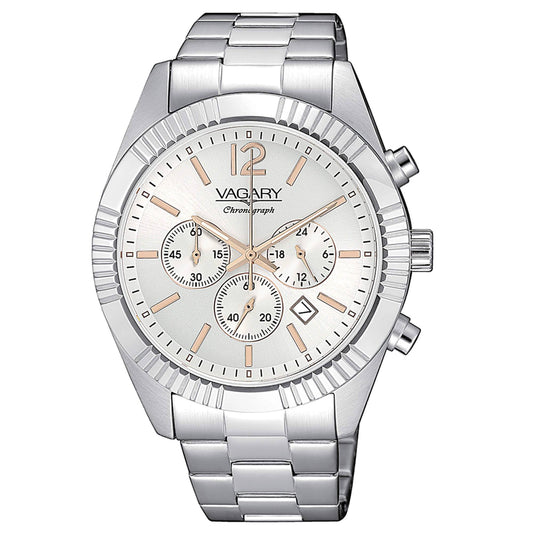 Vagary Timeless Steel Chronograph Watch with White Dial and Rose Gold Markers