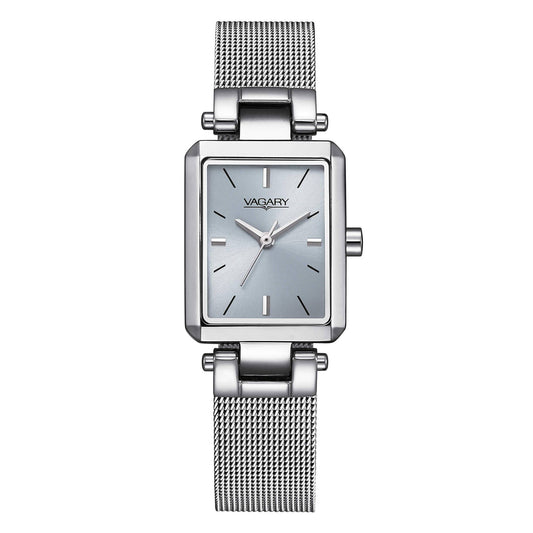 Vagary Women's Watch with Rectangular Case and Silver Dial, Milanese Mesh