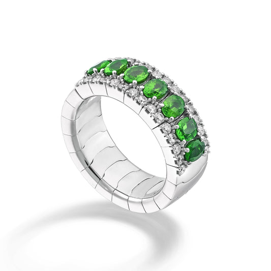 Anello Golay a Fascia Elastica con Smeraldi Naturali ct. 1,34 e Diamanti Naturali ct. 0,60 F VS