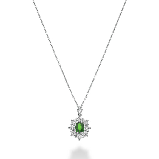 Collar Golay de oro blanco con colgante con una esmeralda natural de talla ovalada de 0,24 ct y diamantes de 0,46 ct