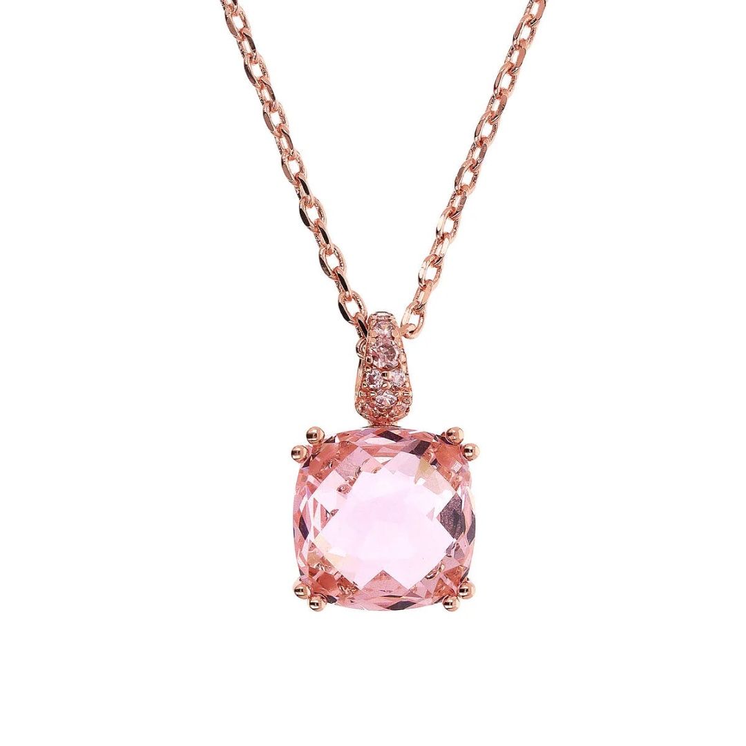 Bronzallure Rolo Chain Necklace with Square Pink Gem Prism and Pavé