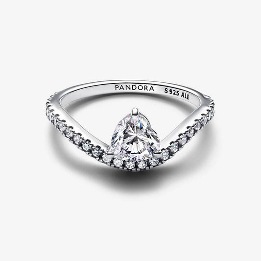 Anillo Pandora de plata con forma de ola, corazón luminoso y pavé