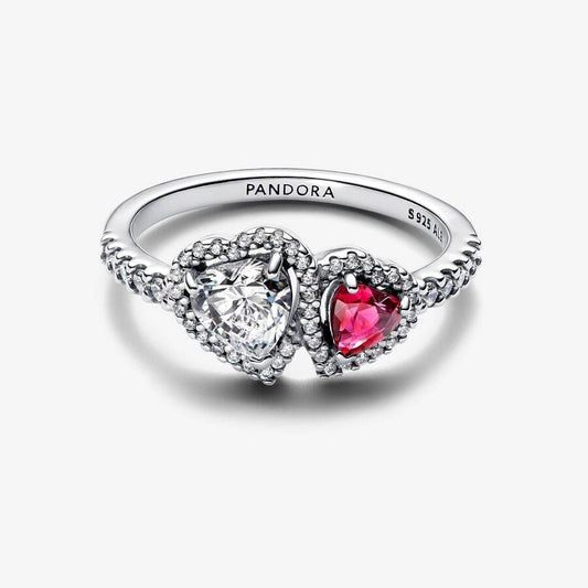 Anello Pandora Doppi Cuori Bianco E Rosso