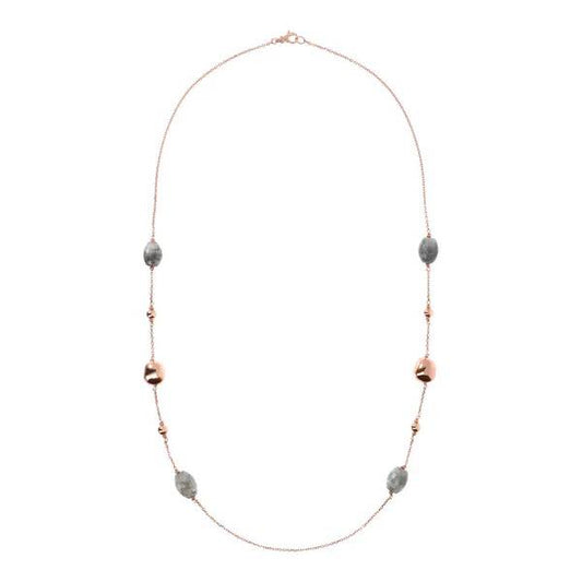 Bronzallure Long Necklace with Grey Quartz and Golden Rosé Nuggets