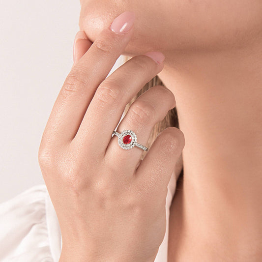 Anello Mirco Visconti con Rubino Doppio Giro di Diamanti e Diamanti sul Gambo