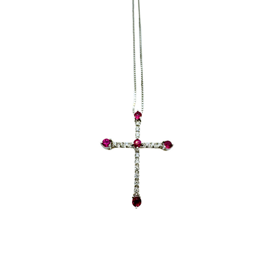 Collana Iannelli Hand Made in Oro Bianco con Croce Pendente con Rubini e Diamanti