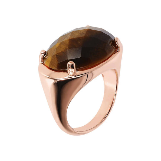 Anillo Bronzallure chapado en oro rosa con ojo de tigre natural de corte ovalado
