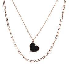Bronzallure Double Strand Necklace in Golden Rosé with Black Onyx Heart
