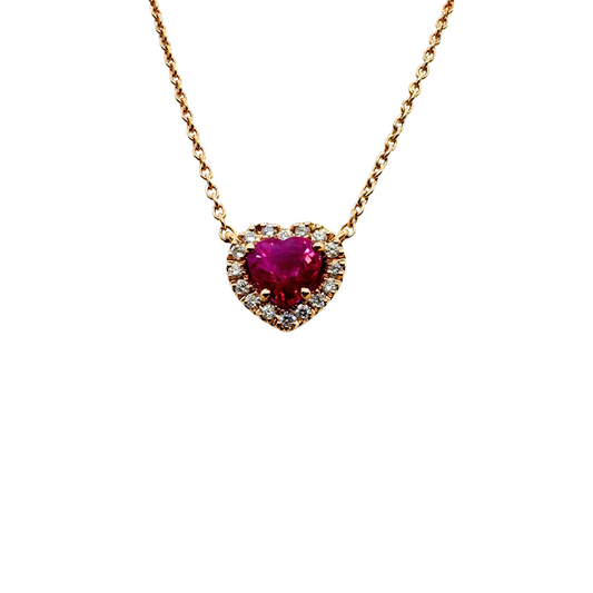 Collar Iannelli de oro rosa hecho a mano con colgante de corazón con rubí y diamantes talla corazón