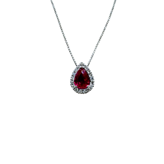 Collana Iannelli Hand Made in Oro Bianco con Rubino Taglio Goccia e Contorno di Diamanti