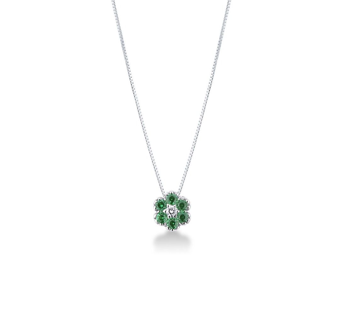 Bibigì White Gold Flower Necklace with Emeralds and Central Diamond