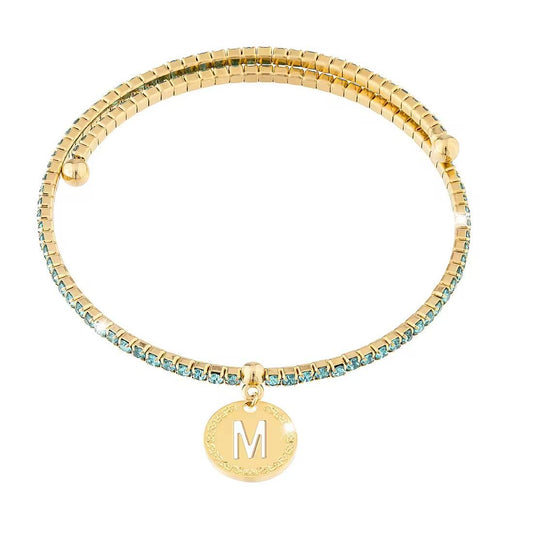 Rebecca My World Tennis Bracelet in Gold and Blue Stones with M Pendant