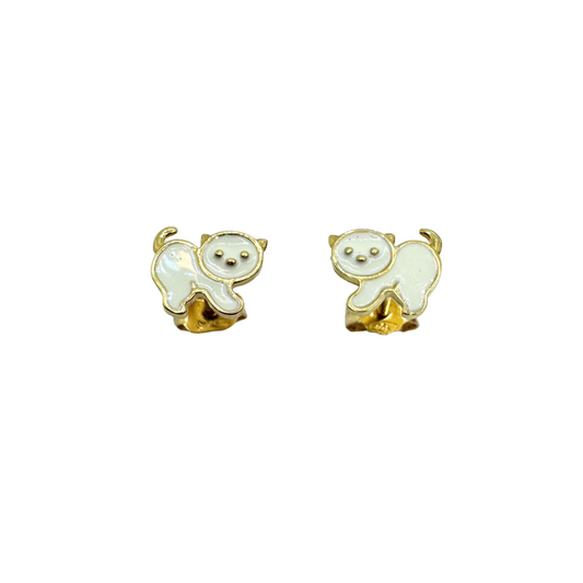 Pendientes de gato esmaltados en blanco en oro amarillo de 18 quilates