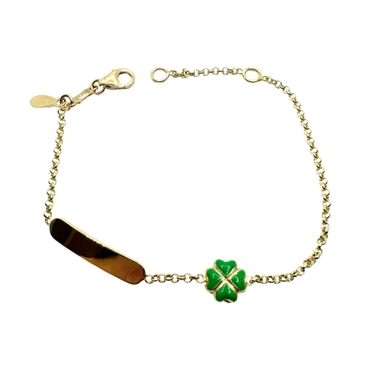 18KT Yellow Gold Baby Bracelet with Green Enamelled Four-Leaf Clover and Tag