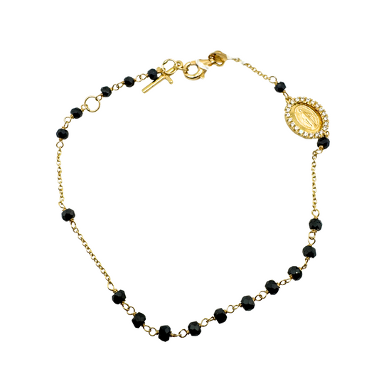 Bracciale Rosario in Oro Giallo 18 KT con Zirconi e Spinello Nero