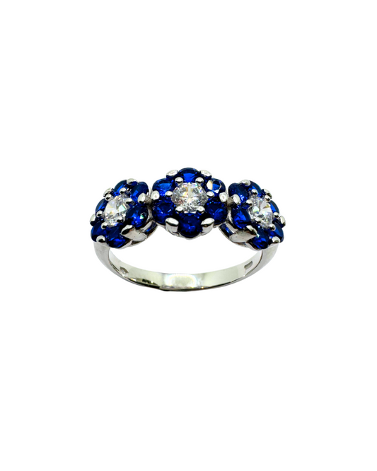 Anello Trilogy in Oro Bianco 18 KT con Fiori Magic con Zirconi Bianchi e Blu