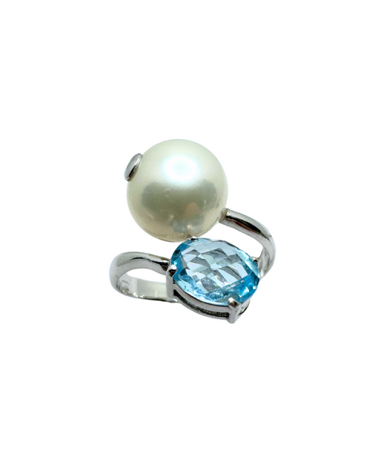 Anello in Oro Bianco Contrarié con Perla d'Acqua Dolce e Topazio Azzurro