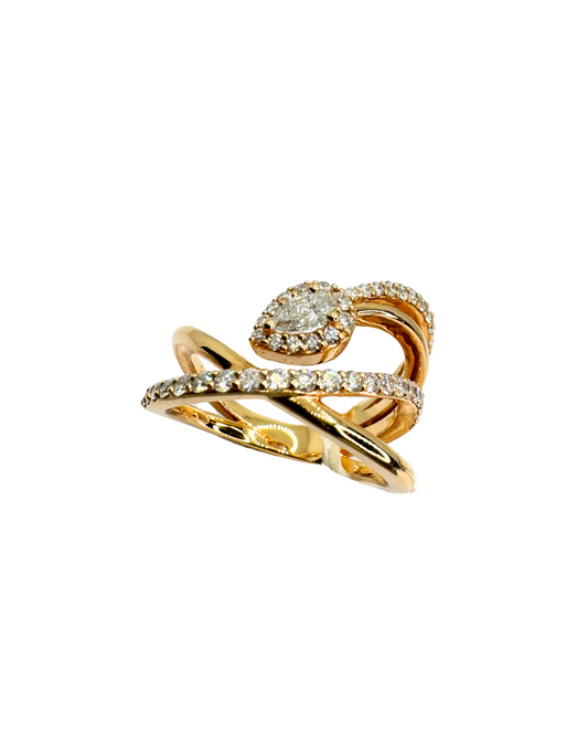 Anillo de serpiente de oro rosa con diamantes de talla gota y talla brillante