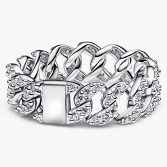 Anillo Pandora con cadena de eslabones cubanos y pavé