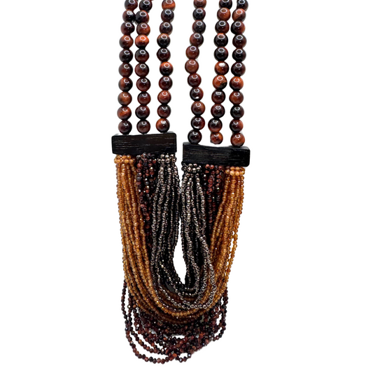Collana Rajola Musa con Occhio di Tigre, Ematite, Hessonite e Legno