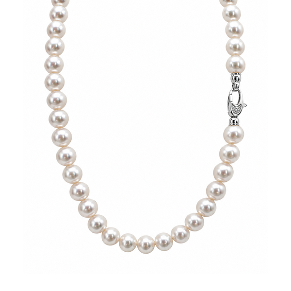 Collane con Perle Akoya 8 mm e Moschettone in Oro Bianco e Brillanti CLP006