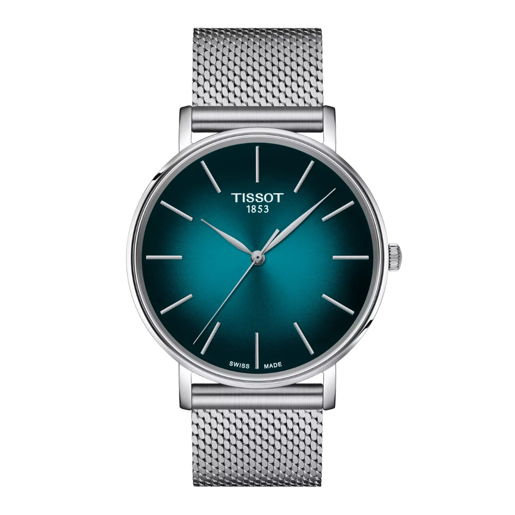 Reloj Tissot Everytime con esfera verde y correa de malla milanesa