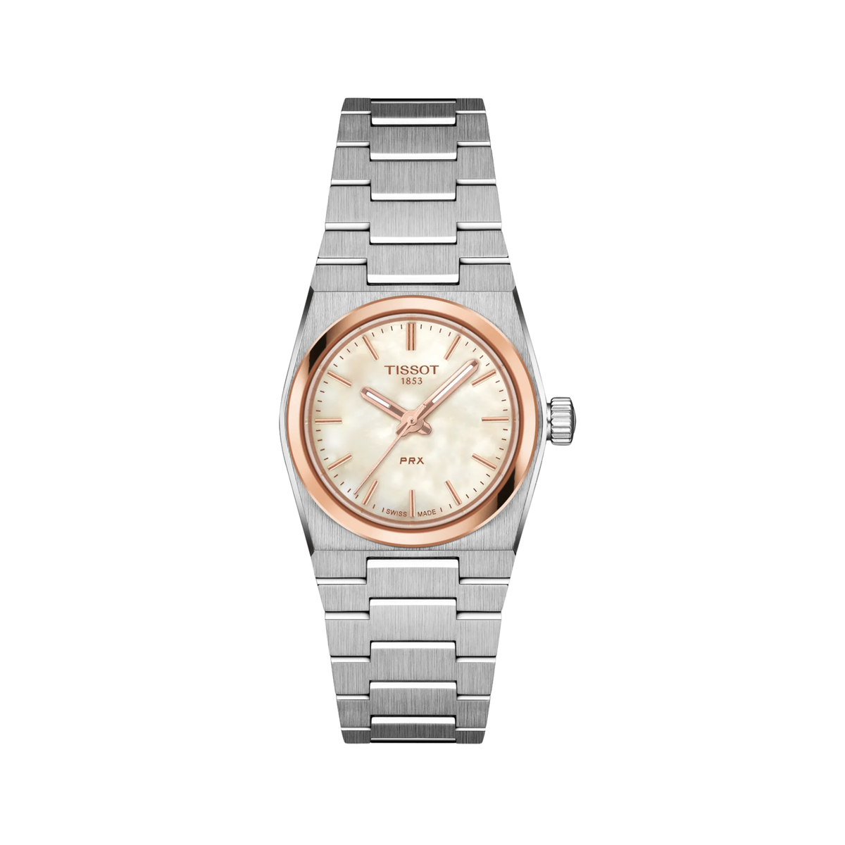 Reloj Tissot PRX de 25 mm de acero con bisel de oro rosa y esfera de nácar