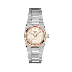 Reloj Tissot PRX de 25 mm de acero con bisel de oro rosa y esfera de nácar