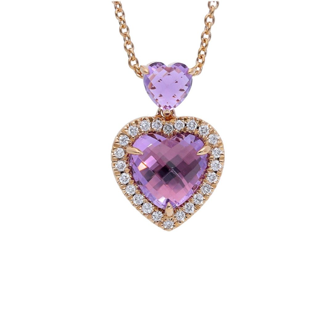 Iannelli Handmade Necklace in 18KT Rose Gold with Heart-Shaped Amethysts and Diamonds