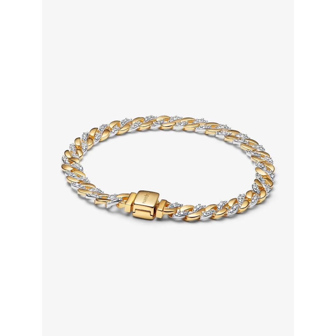 Bracciale Pandora Maglia Cubana Con Pavè In Argento E Placcatura In Oro Giallo 14 Kt