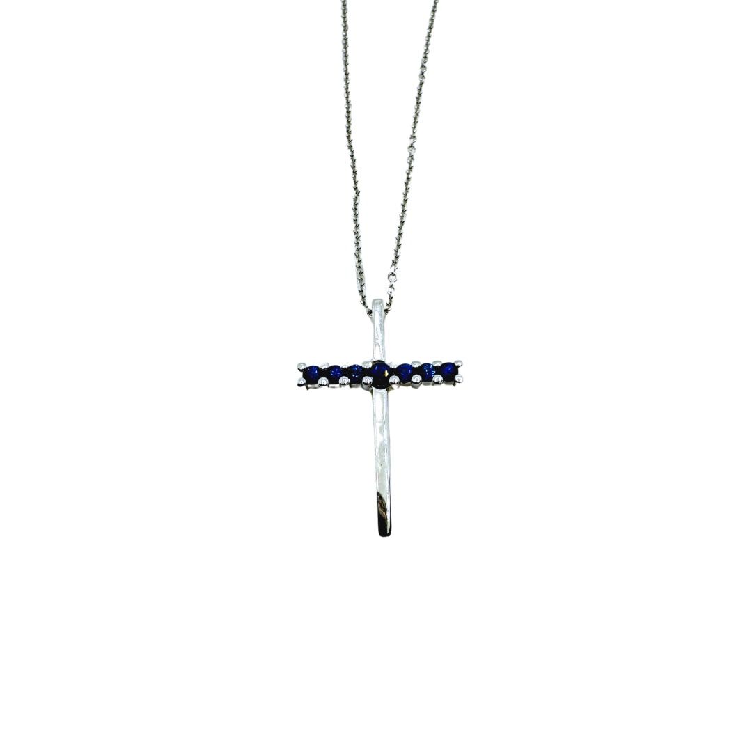 Collana Golay in Oro Bianco con Croce Pendente con Zaffiri Naturali PCR008DI2.
