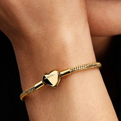 Pandora Faceted Snake Chain Bracelet with Heart Clasp in 18K Yellow Gold Plating
