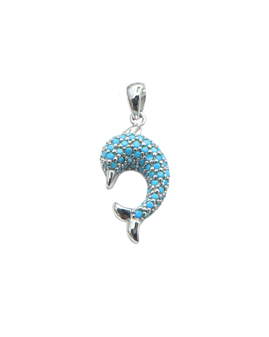 Ciodnolo Delfino in Oro Bianco con Zirconi Turchesi