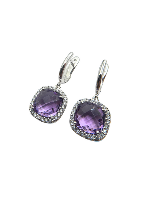18KT White Gold Drop Earrings with Briol-Cut Amethysts