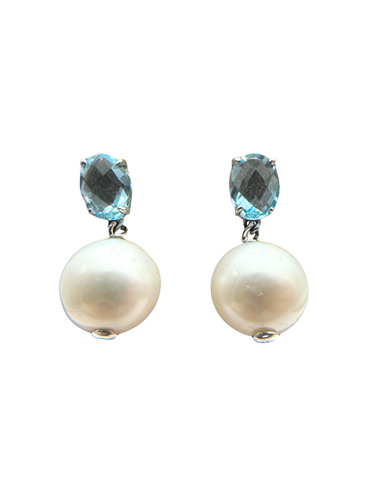 18KT White Gold Drop Earrings with Topaz and Natural Pearls