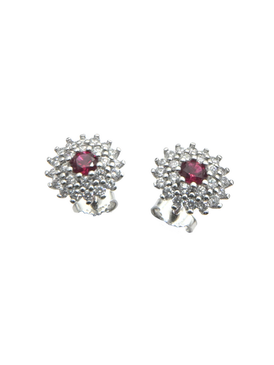 18KT White Gold Stud Earrings with White and Red Zircon Pavé