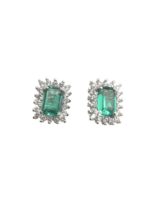 18KT White Gold Stud Earrings with Emerald-Cut Green Zirconia and White Zirconia