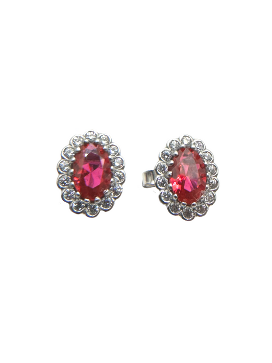 White Gold Stud Earrings with White and Red Zircons